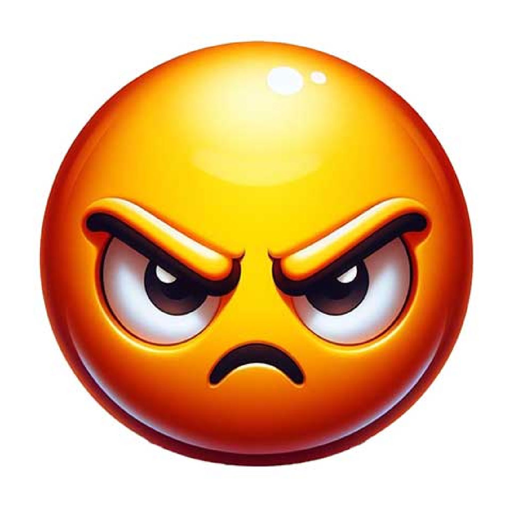 An angry emoji face with a yellow and orange gradient, frowning and looking displeased