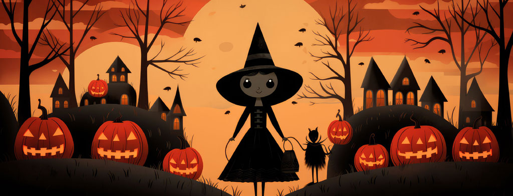 Cartoon witch in a Halloween scene with pumpkins and spooky houses