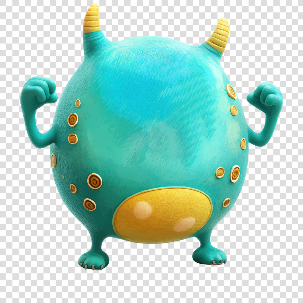 Teal monster figurine with yellow horns and spots