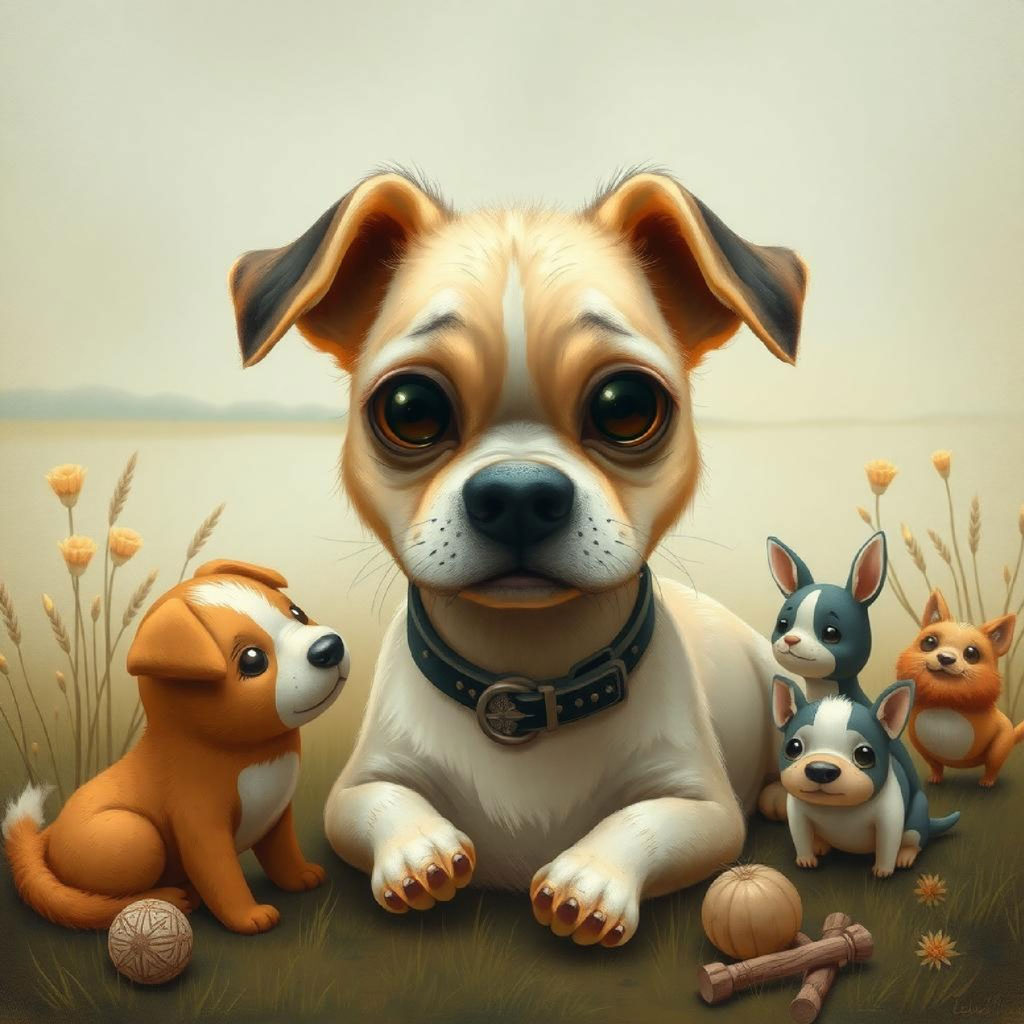 A child with brown hair and blue eyes holding a rabbit, accompanied by a mouse and birds.