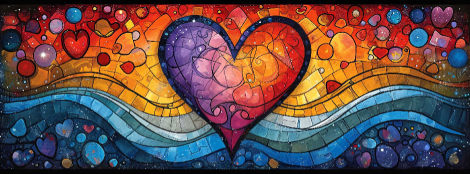 Colorful mosaic heart artwork with wavy lines and circles