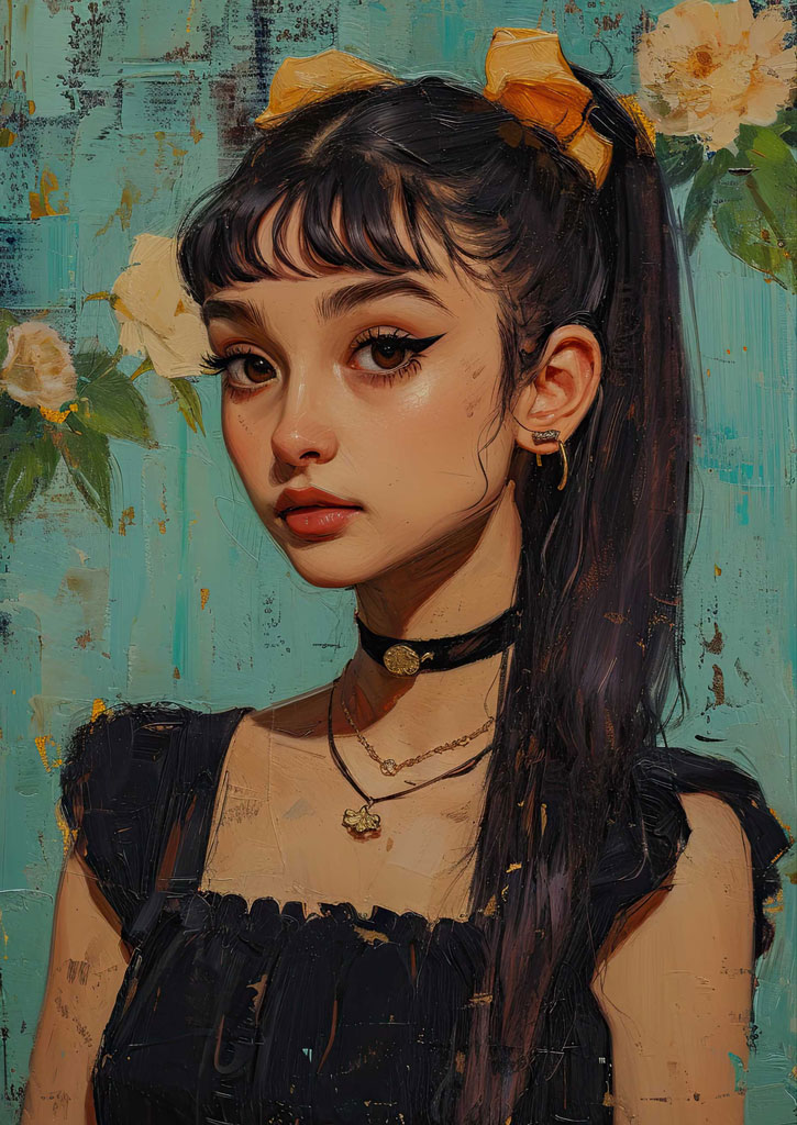 Portrait of a woman with dark hair and floral accents