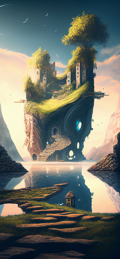 A fantastical floating island with greenery and ancient structures above a calm lake.