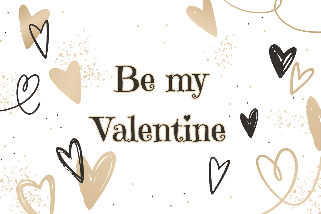 Be my Valentine greeting card with hand-drawn hearts