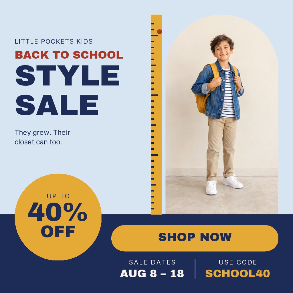Square back-to-school sale poster with a smiling schoolboy, discount badge, and shop now button.