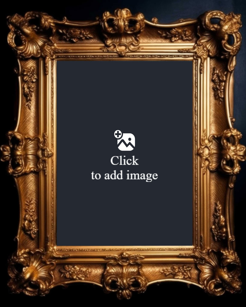 An ornate gold picture frame with floral and leaf designs against a dark background.