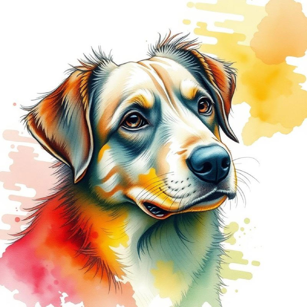 A woman's portrait with flowing black hair and colorful watercolor splashes