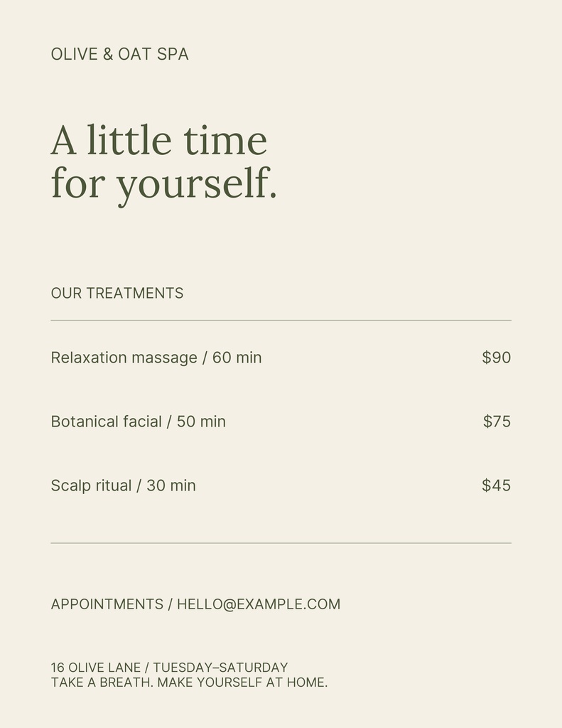Preview for Olive & Oat Spa Letter Menu / Price List Template