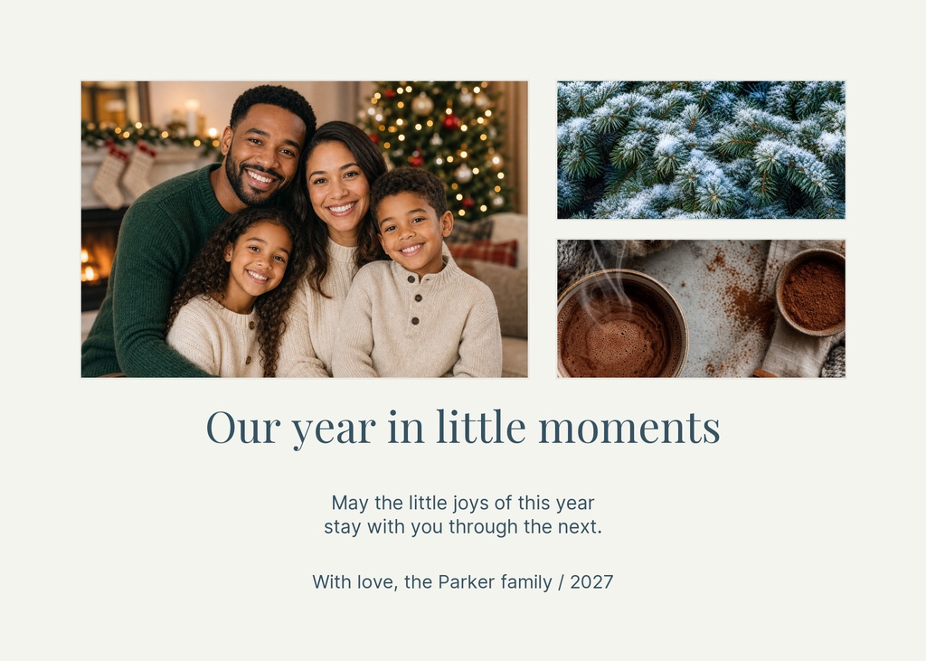 Family photo holiday card with a large family picture, two smaller seasonal photos, and year-in-review text.