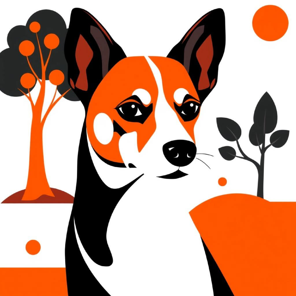 Minimalist illustration of black trees with orange and black orbs on a beige background.