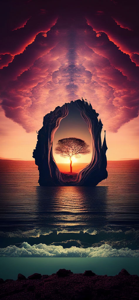 Surreal seascape with a tree inside a rock formation at sunset