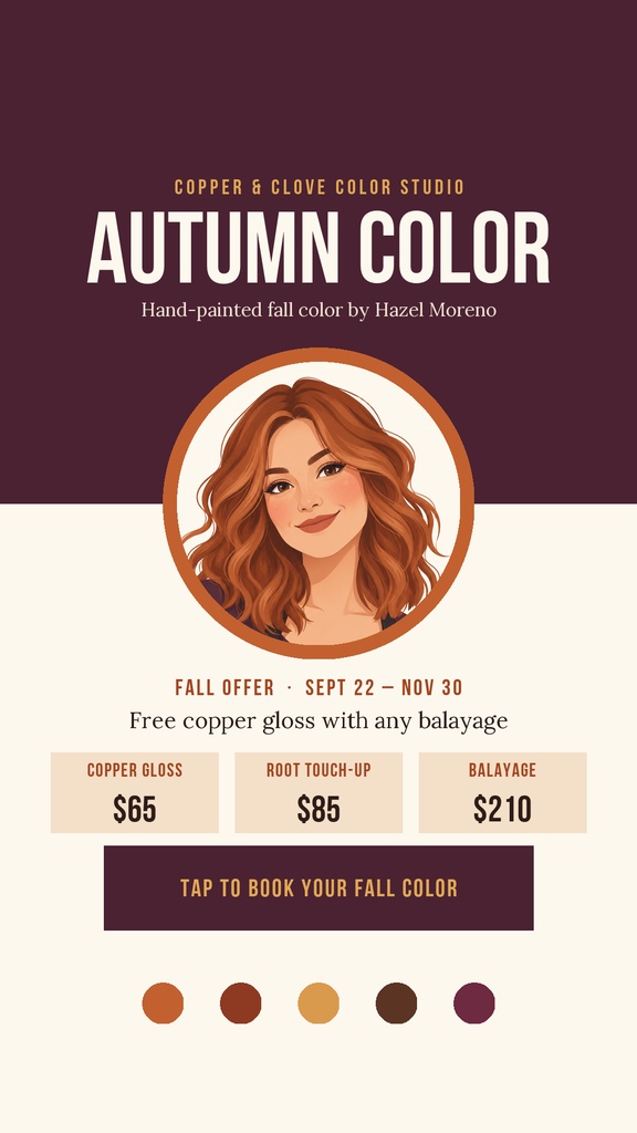 Instagram story design with autumn color studio headline, illustrated red-haired woman, service prices, and warm color swatches.