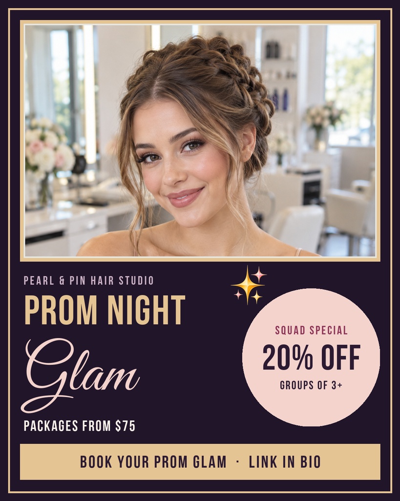 Portrait of a young woman with styled hair above prom night glam promotion text and discount badge
