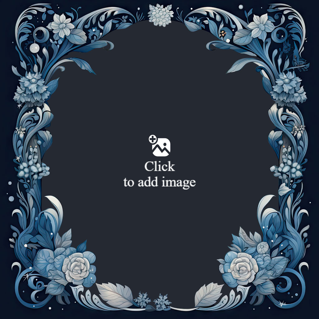 Family of six posing on the beach within a decorative blue floral border