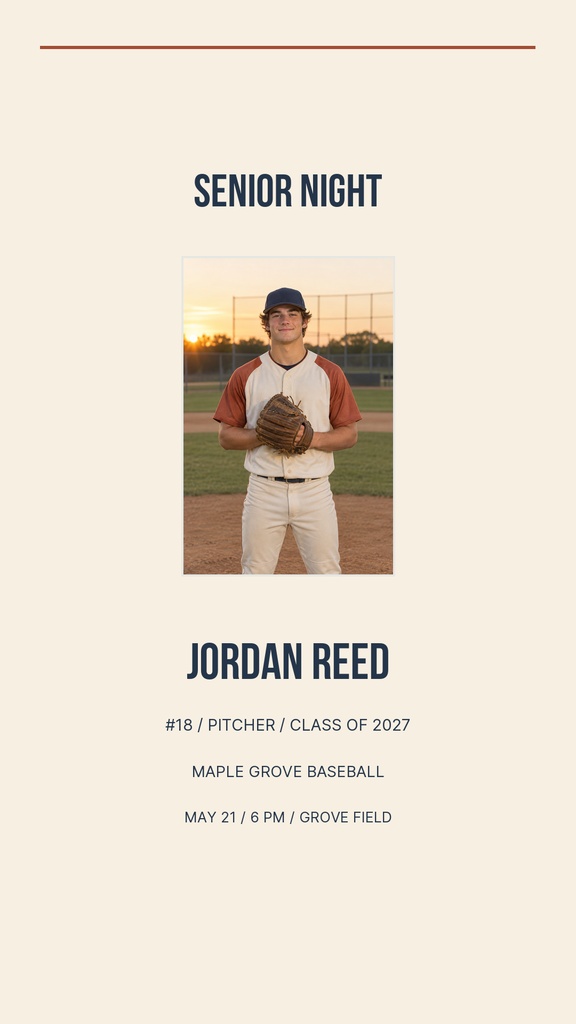 Vertical story template with a baseball player portrait and senior night text on a cream background.