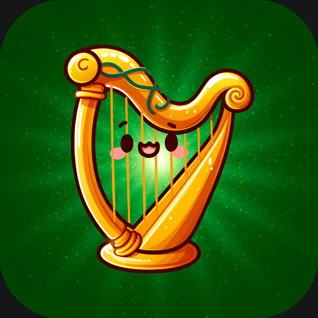 Cartoon harp with smiling face on green background