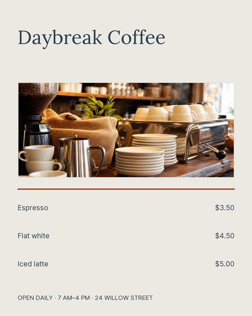 Portrait coffee menu design with the title Daybreak Coffee, drink prices, and a cafe counter photo.