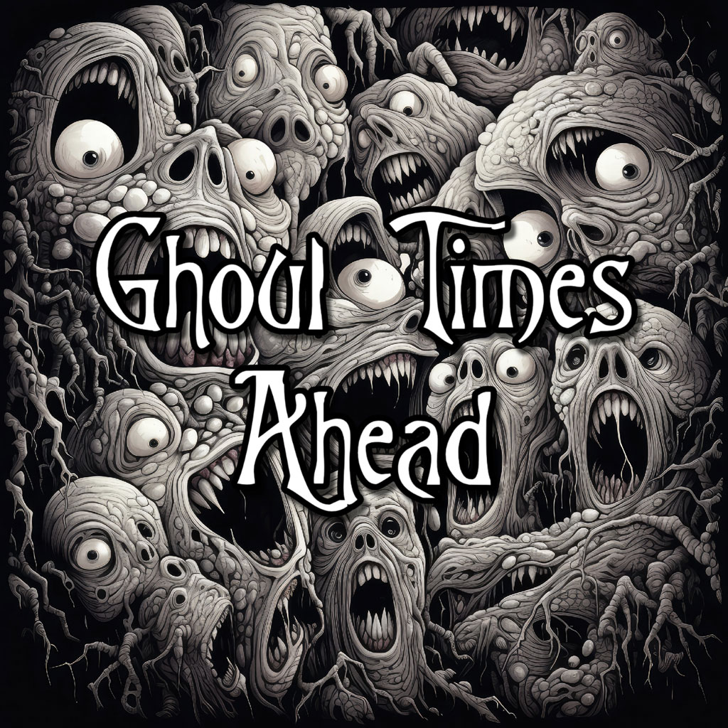 Illustration of various monstrous creatures with open mouths and large eyes.