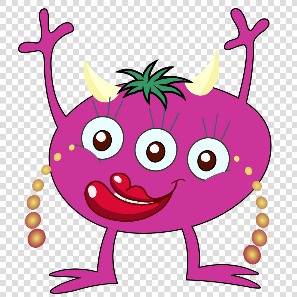 A cartoon monster with pink body, yellow horns, and green hair.