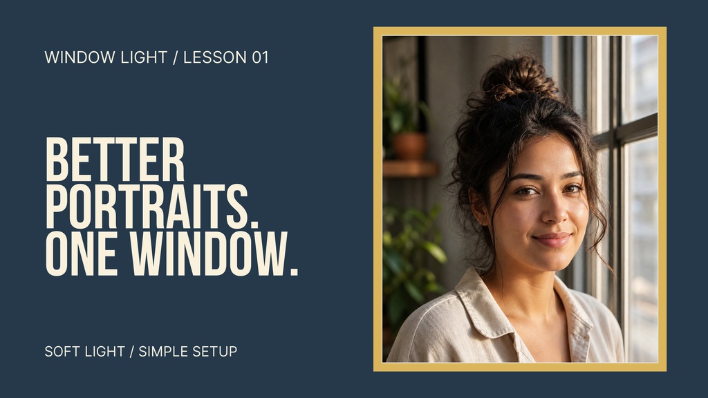 YouTube thumbnail with portrait photo, bold text, and window light lesson layout