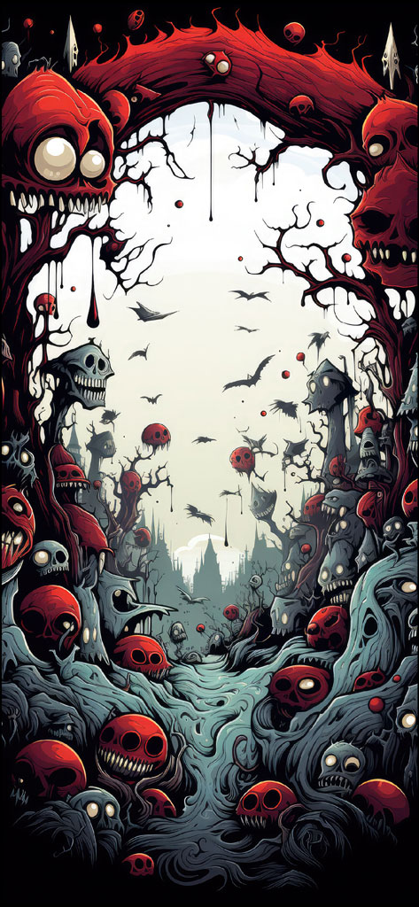 A dark fantasy landscape with skulls and twisted trees