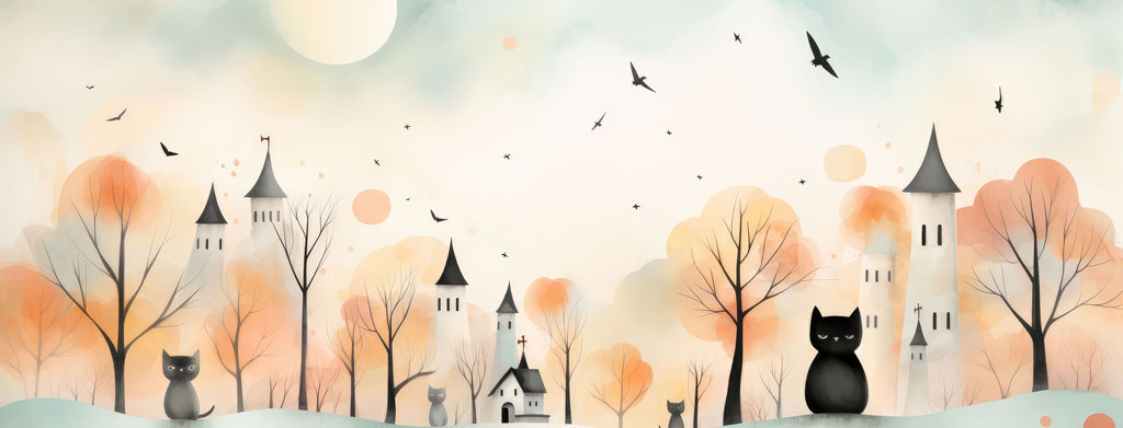 Watercolor illustration of a Halloween village with cats and turrets