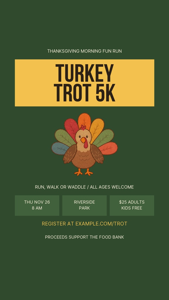 Turkey Trot 5K Instagram story design with a turkey illustration and event details on a green background.