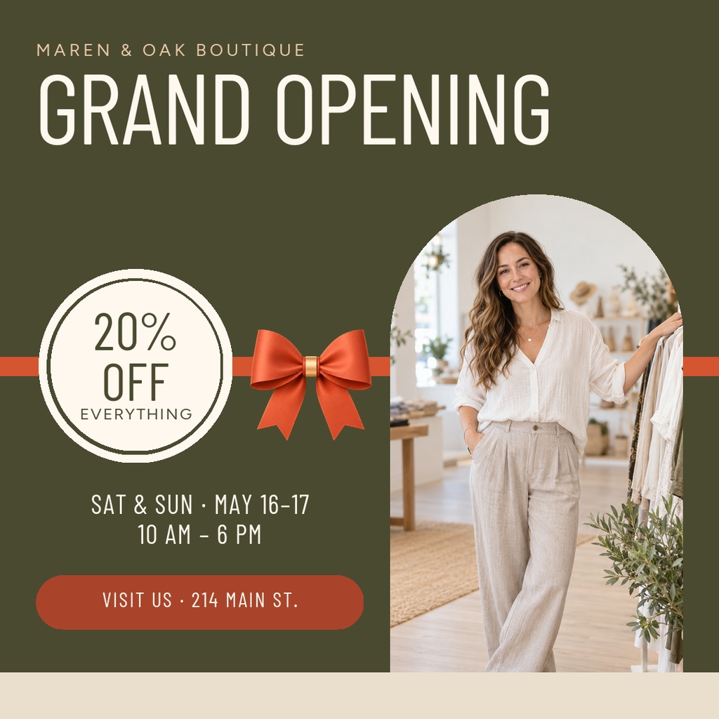 Square grand opening post with olive background, discount badge, red ribbon, and boutique owner photo