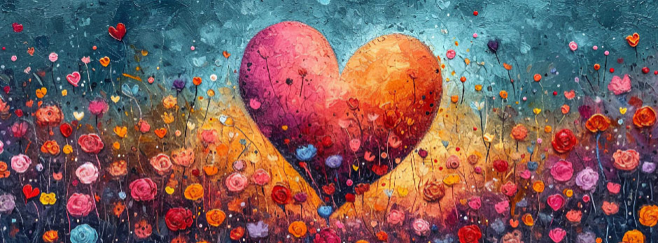 A heart shape in red and orange hues amidst a field of multicolored flowers.