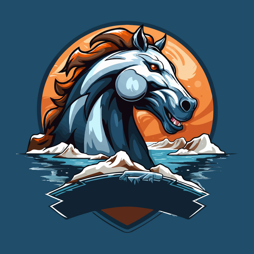 Illustration of a horse head rising from the water with mountains and orange sun in the background.