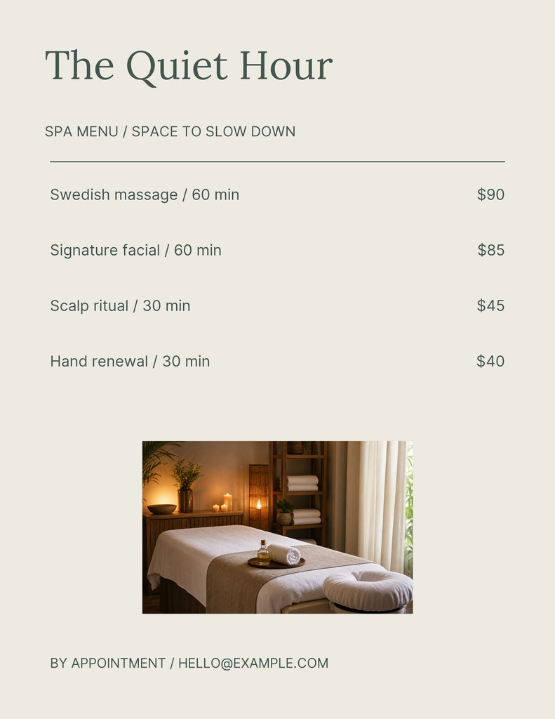 Preview for The Quiet Hour Spa Letter Menu / Price List Template