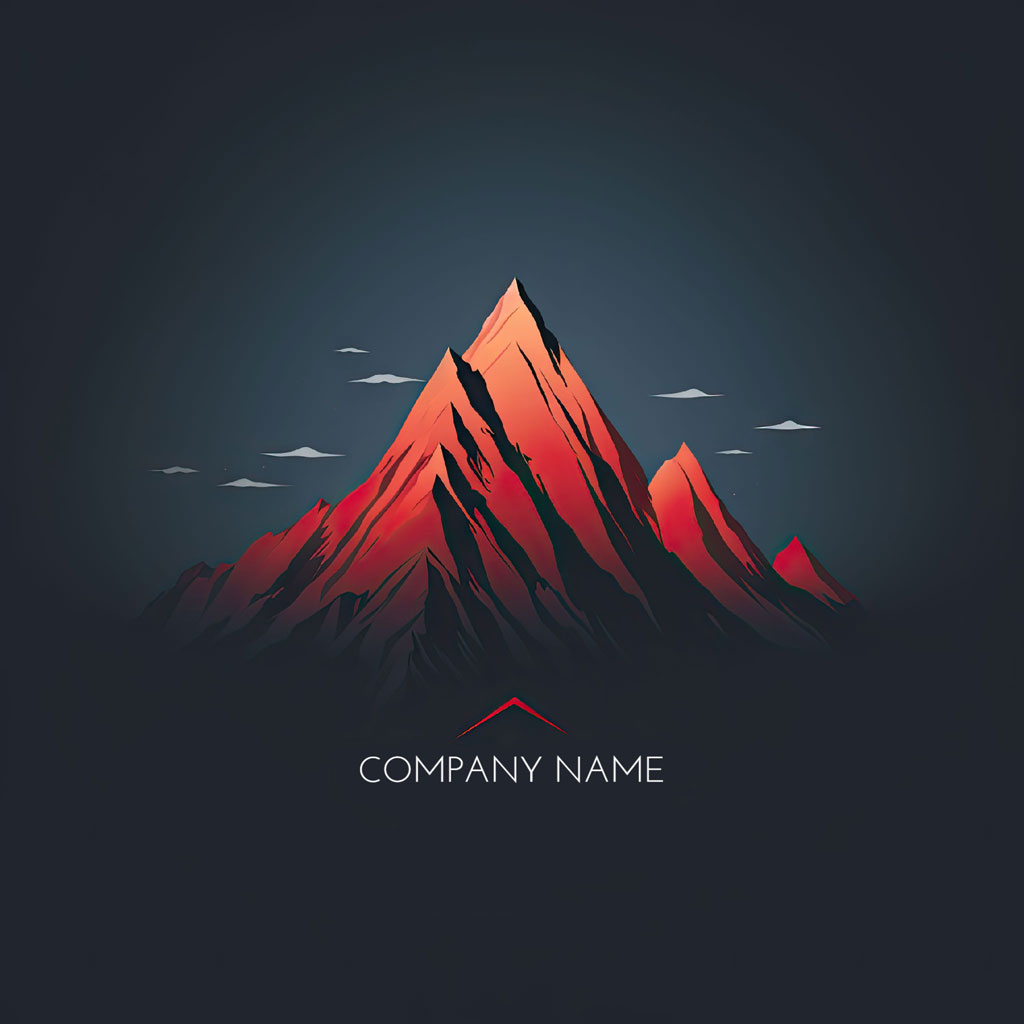 A stylized illustration of a mountain peak with a red gradient