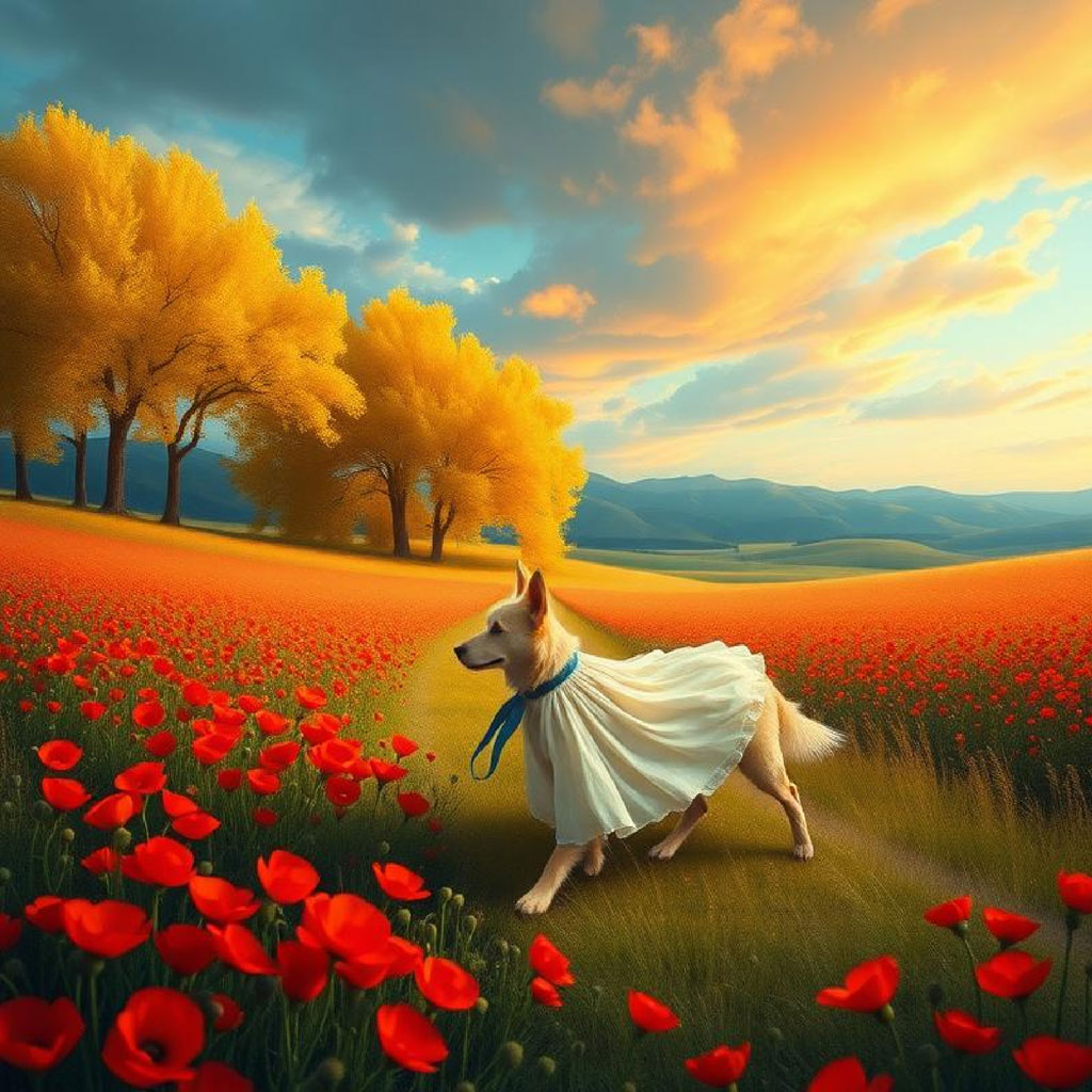 Woman in red dress walking on a path through a field of red poppies towards large yellow trees