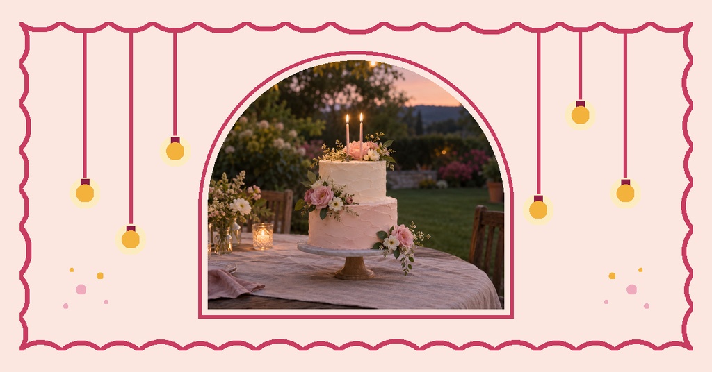 Pink birthday cover with hanging string lights framing a cake on a decorated table at sunset.