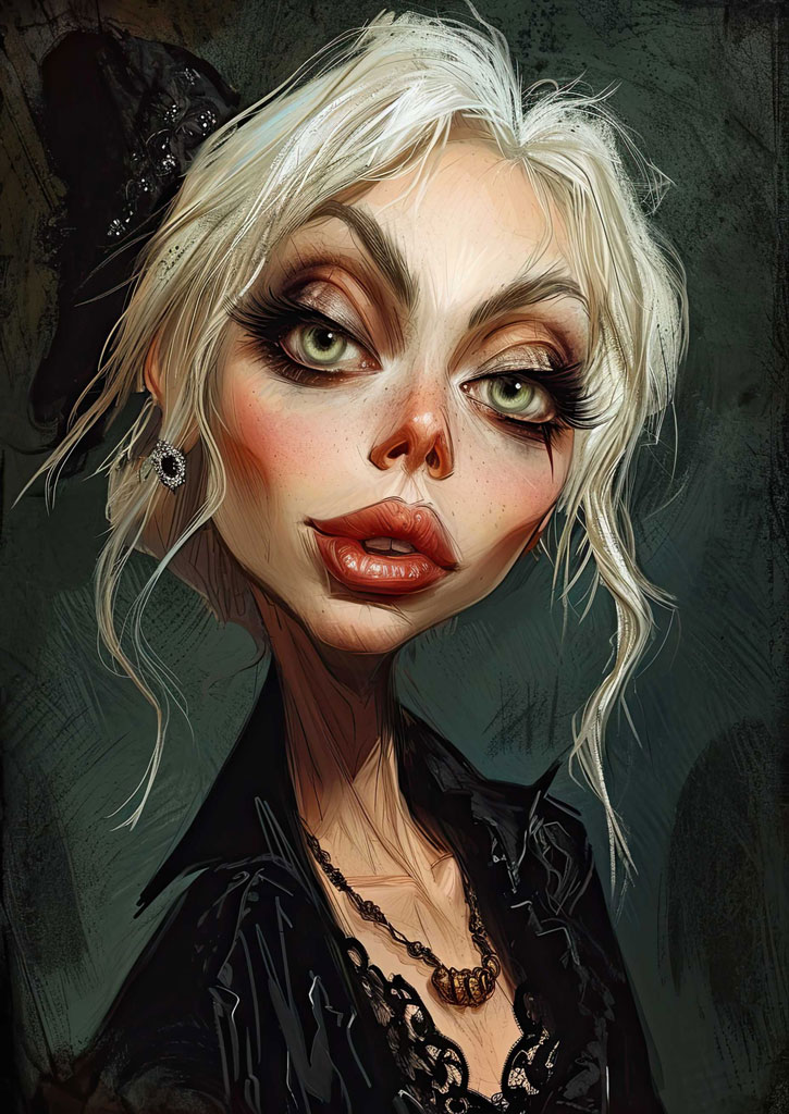 A digital illustration of a woman with green eyes and blonde hair, wearing dark attire.