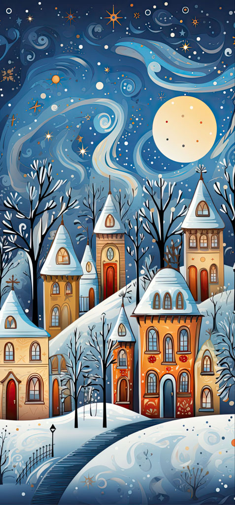 Illustration of a snowy village with colorful houses and a starry sky