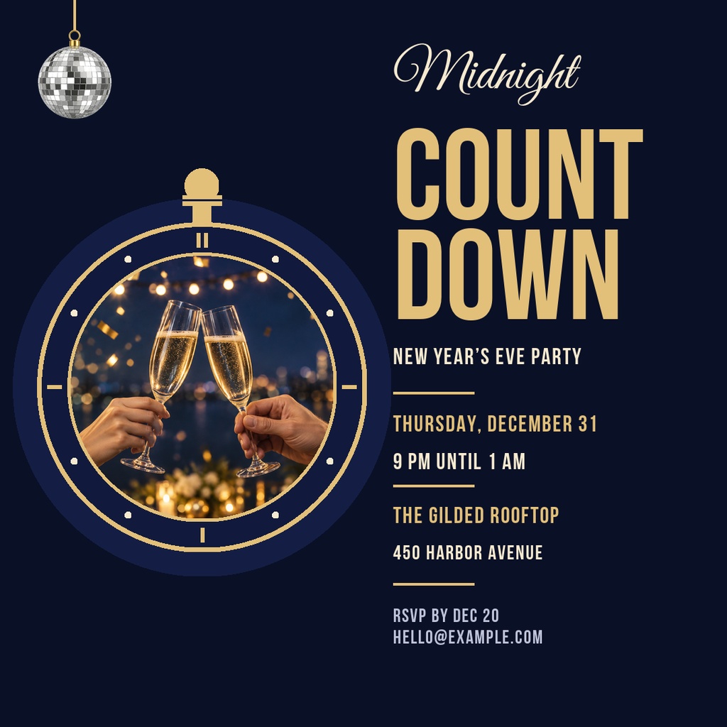 New Year’s Eve square post with a disco ball, champagne glasses, and gold midnight countdown text.