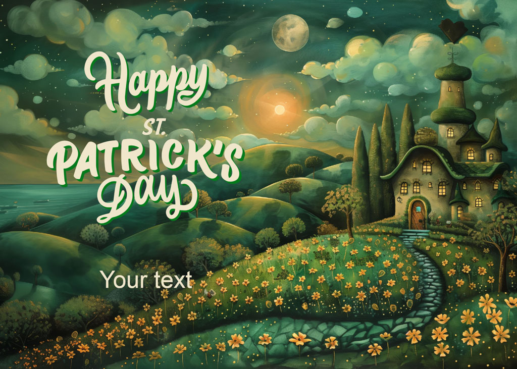 A digital illustration of a house in a lush green landscape with yellow flowers under a starry night sky, celebrating St. Patrick's Day.