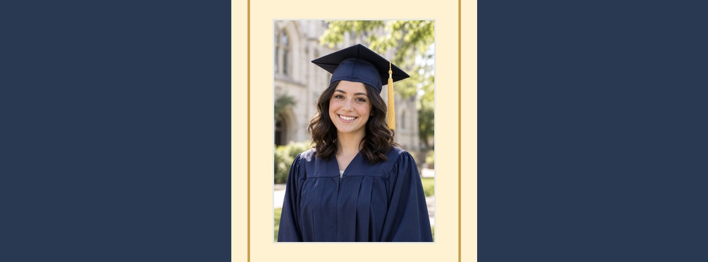 Smiling graduate in cap and gown framed on a landscape page cover design