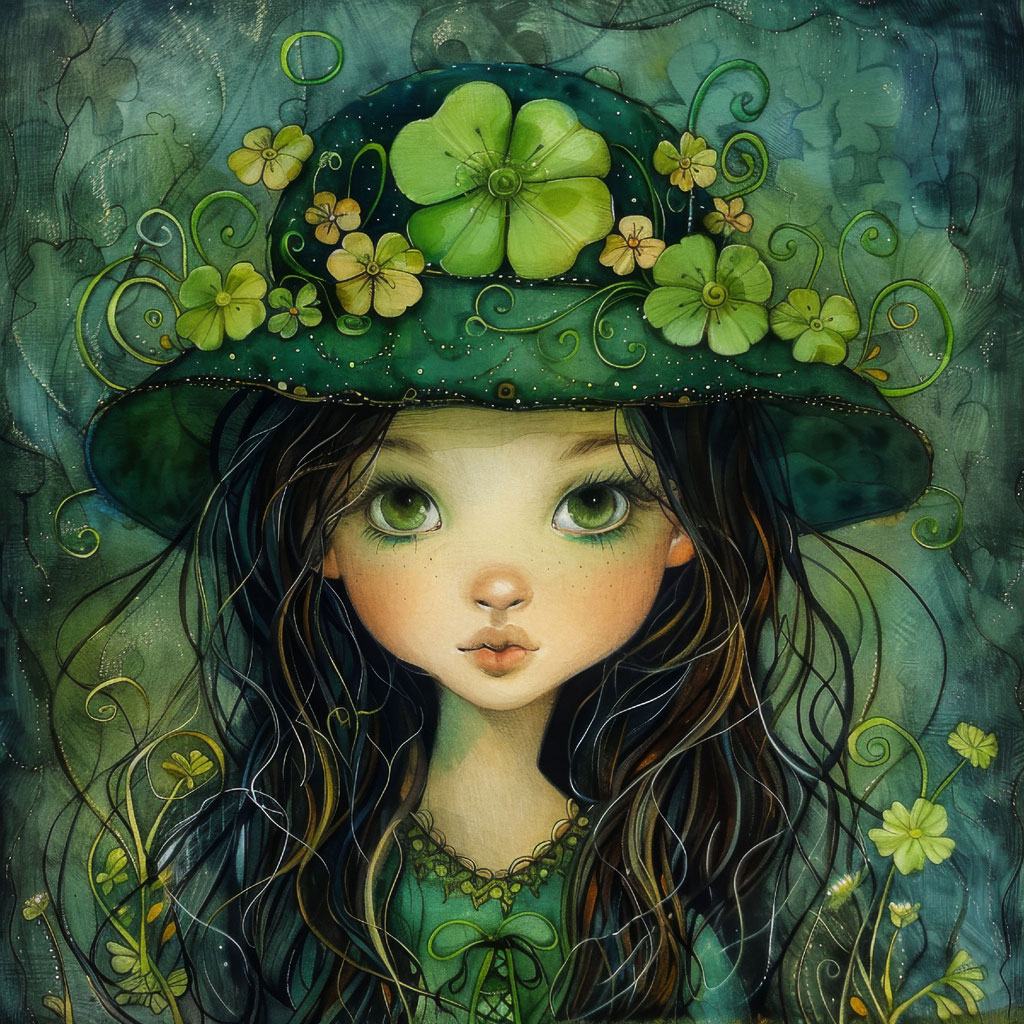 Illustration of a girl with green eyes and a floral hat