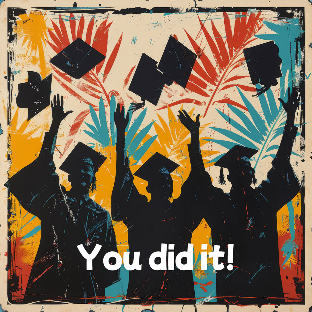 Silhouettes of graduates throwing graduation caps against a colorful background