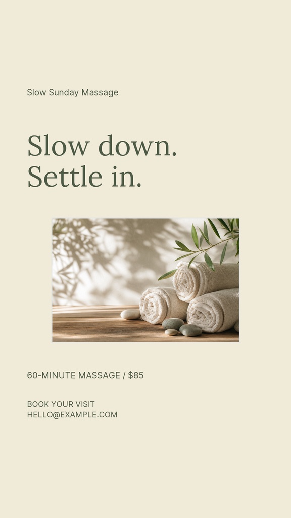 Minimal beige Instagram story layout with massage towels, stones, and soft text.
