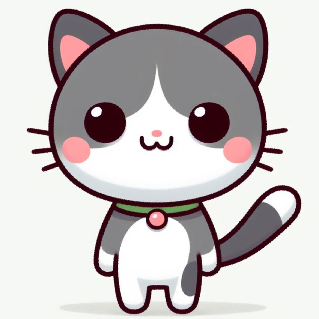 Cartoon cat with orange and white fur, wearing a red polka dot scarf