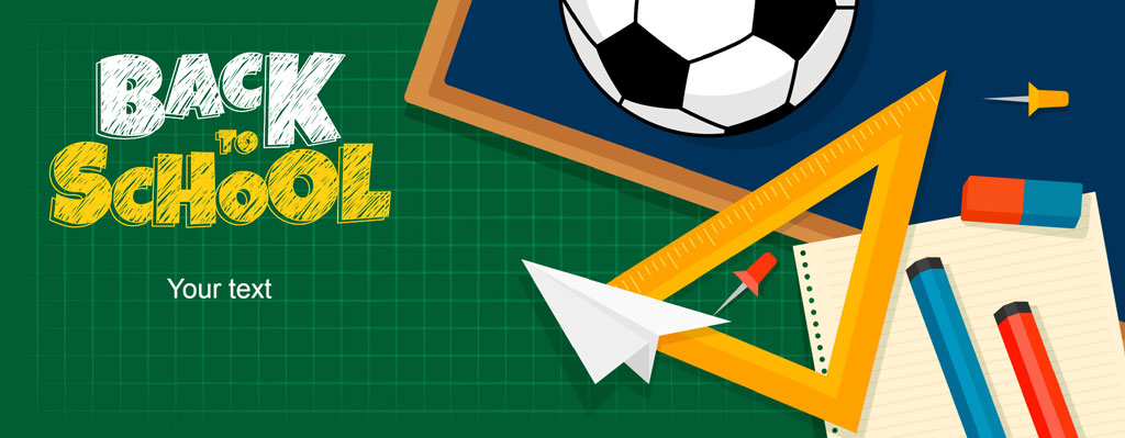 Back to school graphic with soccer ball, paper airplane, and school supplies on a green chalkboard background