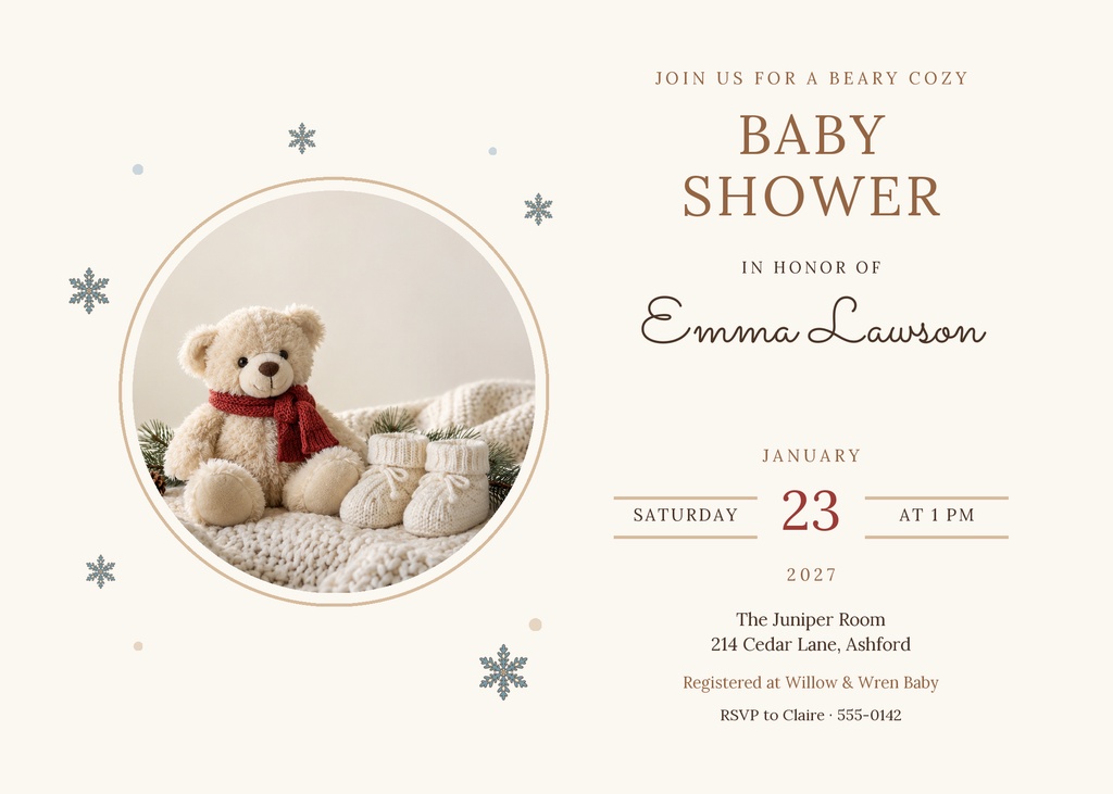 Preview for Beary Cozy Baby Shower 7 × 5 Invitation Template