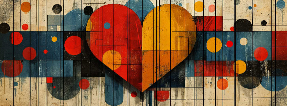 Abstract heart art with red and yellow heart shape surrounded by blue, red, and black geometric patterns