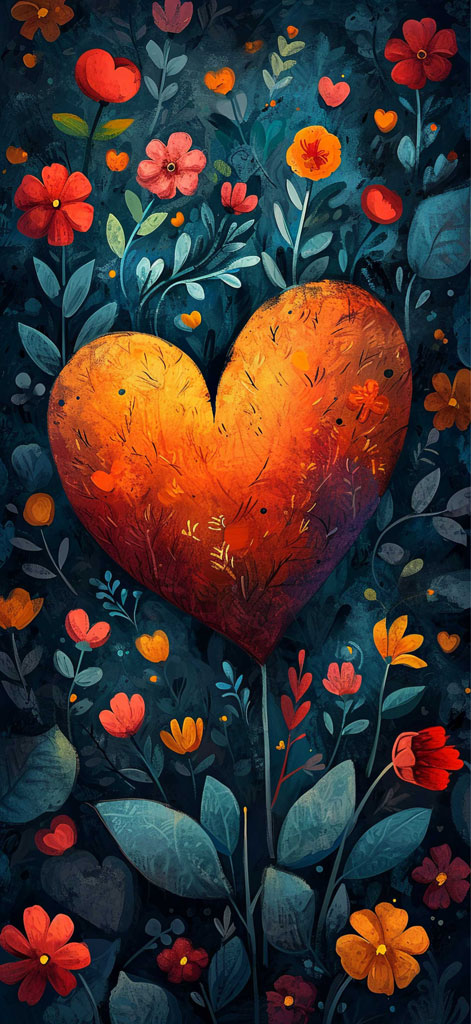 Illustration of an orange heart in a field of colorful flowers