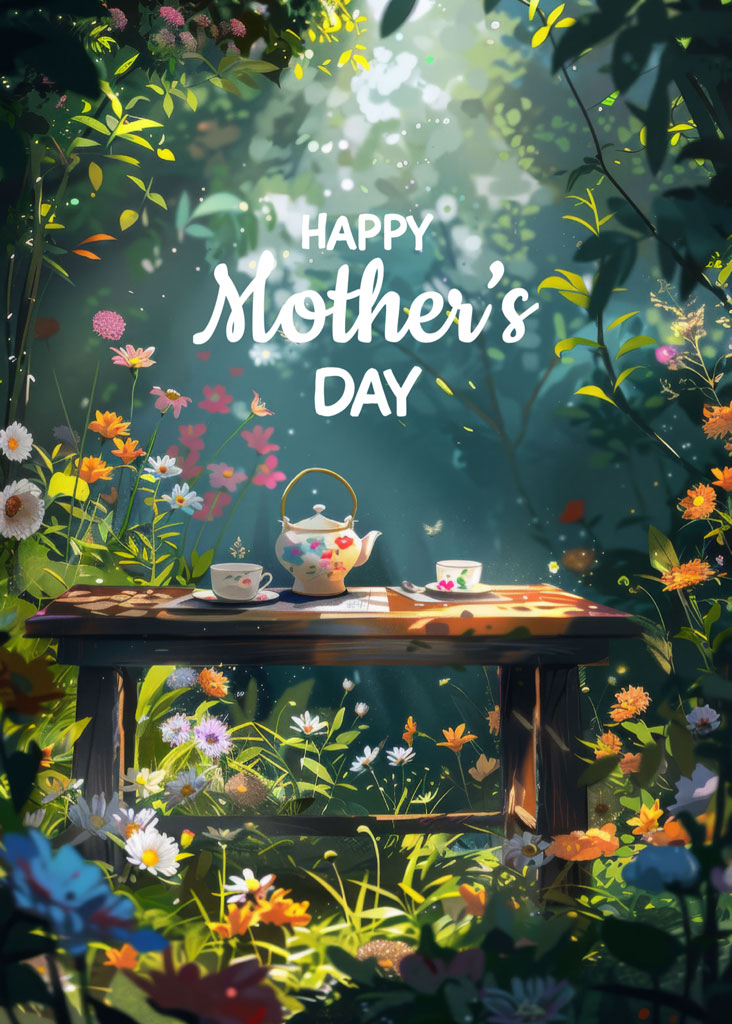 A wooden table with tea set amidst colorful flowers and lush greenery.