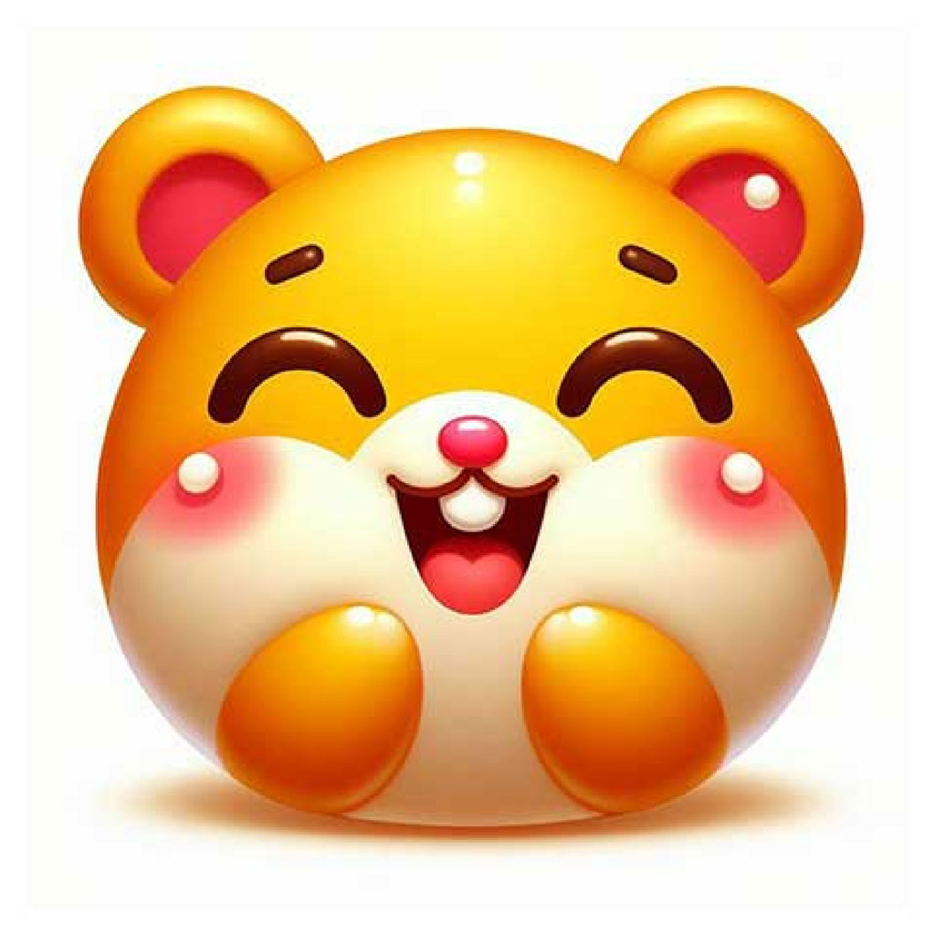 A 3D cartoon hamster with orange and white fur, big eyes, and a happy face.