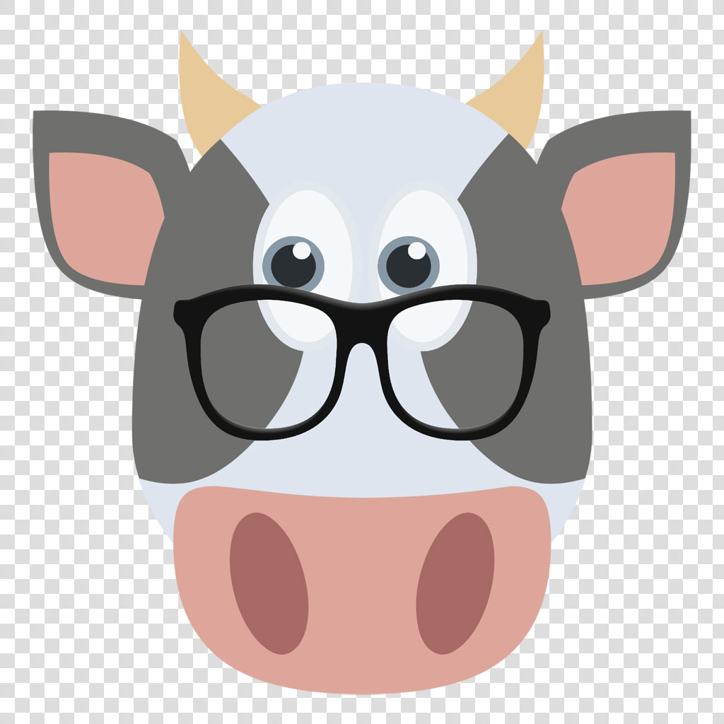 A cartoon cow's face with glasses and horns